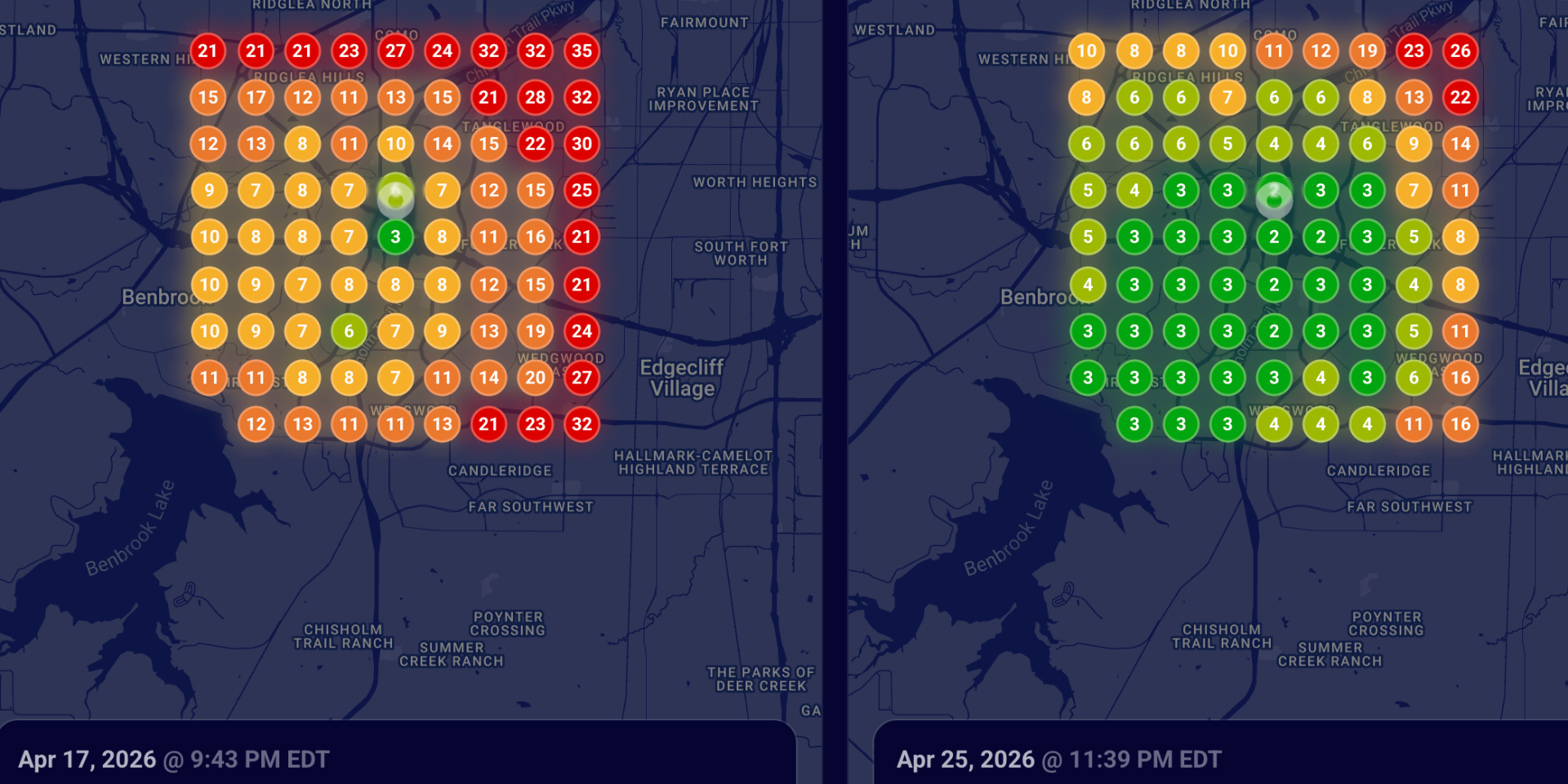 Before and after Google Business Profile heat map for a Fort Worth beard trim barbershop campaign.