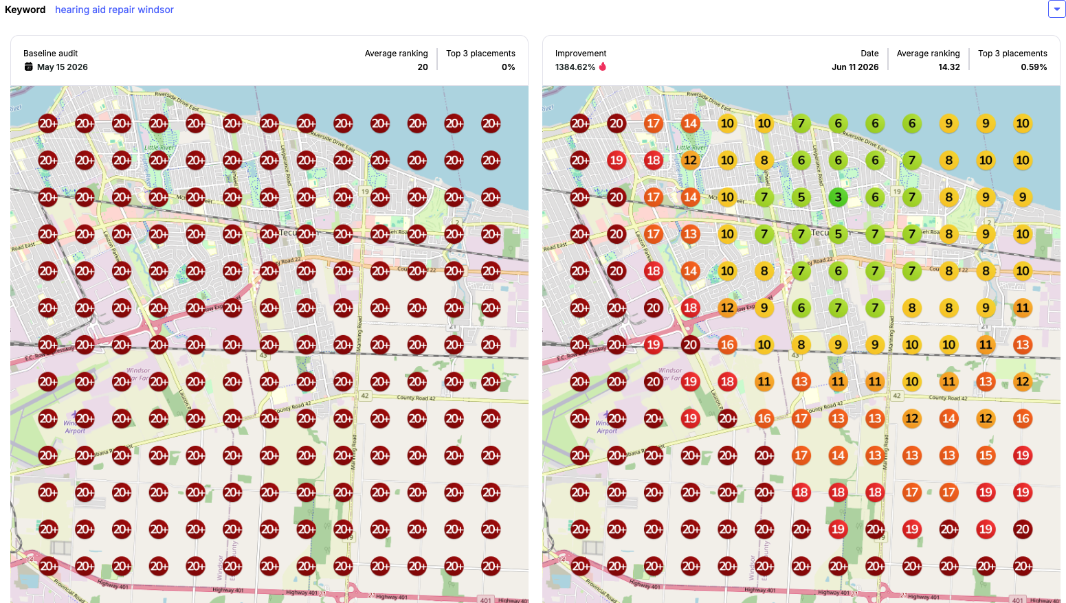Before and after heat map for a hearing aid repair client in Windsor showing improved visibility across the map grid.