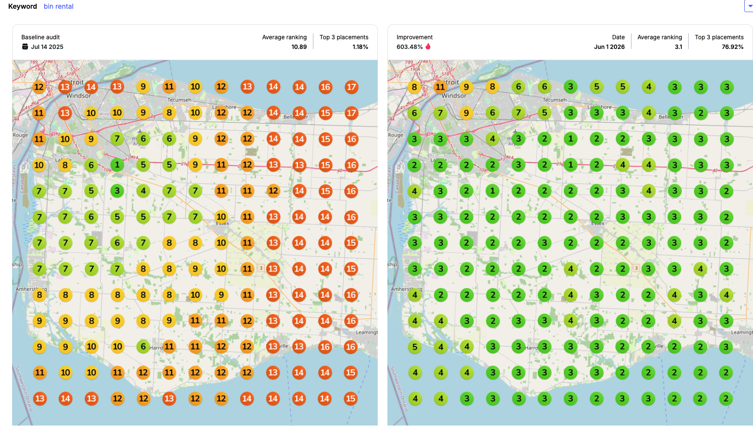 Before and after heat map for a bin rental client showing stronger rankings across the service area.