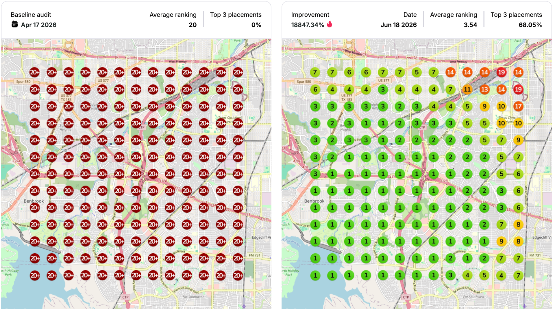 Before and after local search heat map for a Fort Worth plumbing campaign showing improved rankings across the grid.
