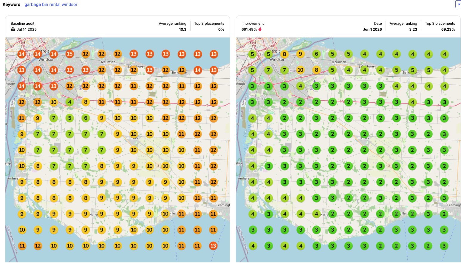 Before and after heat map for a garbage bin rental client in Windsor showing stronger local rankings.