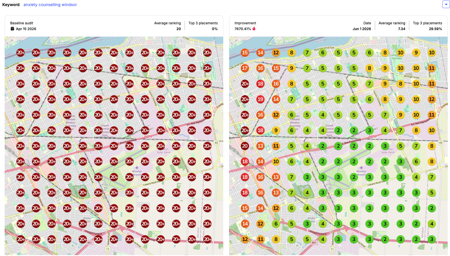 Before and after heat map for an anxiety counselling client in Windsor showing local visibility gains.