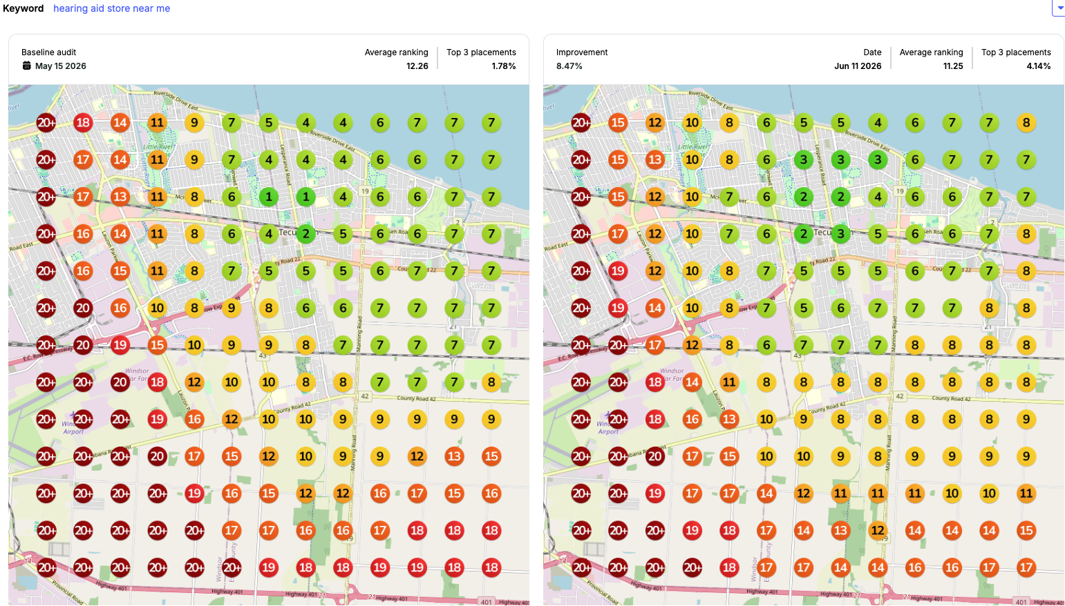 Before and after heat map for a hearing aid store campaign showing smaller but measurable ranking improvements.