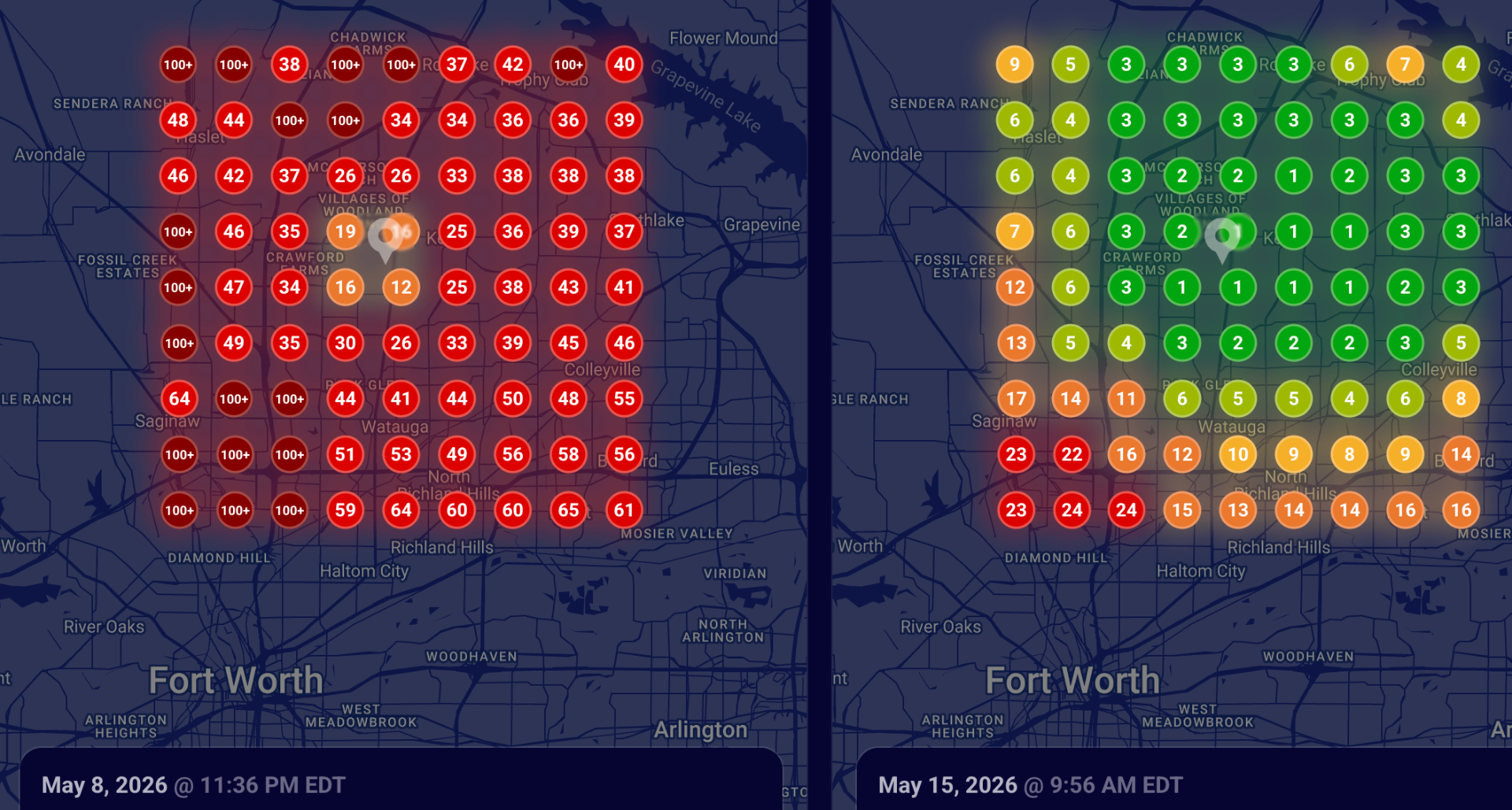 Before and after Google Business Profile heat map for a Fort Worth mobile car detailing campaign showing dramatic ranking improvements across the grid.