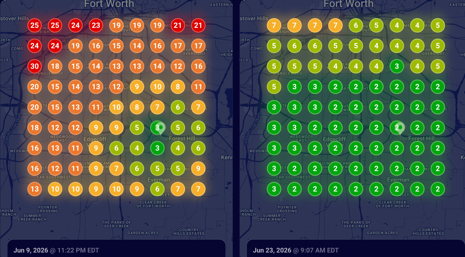 Before and after Google Business Profile heat map for a Fort Worth HVAC repair campaign showing major ranking gains.