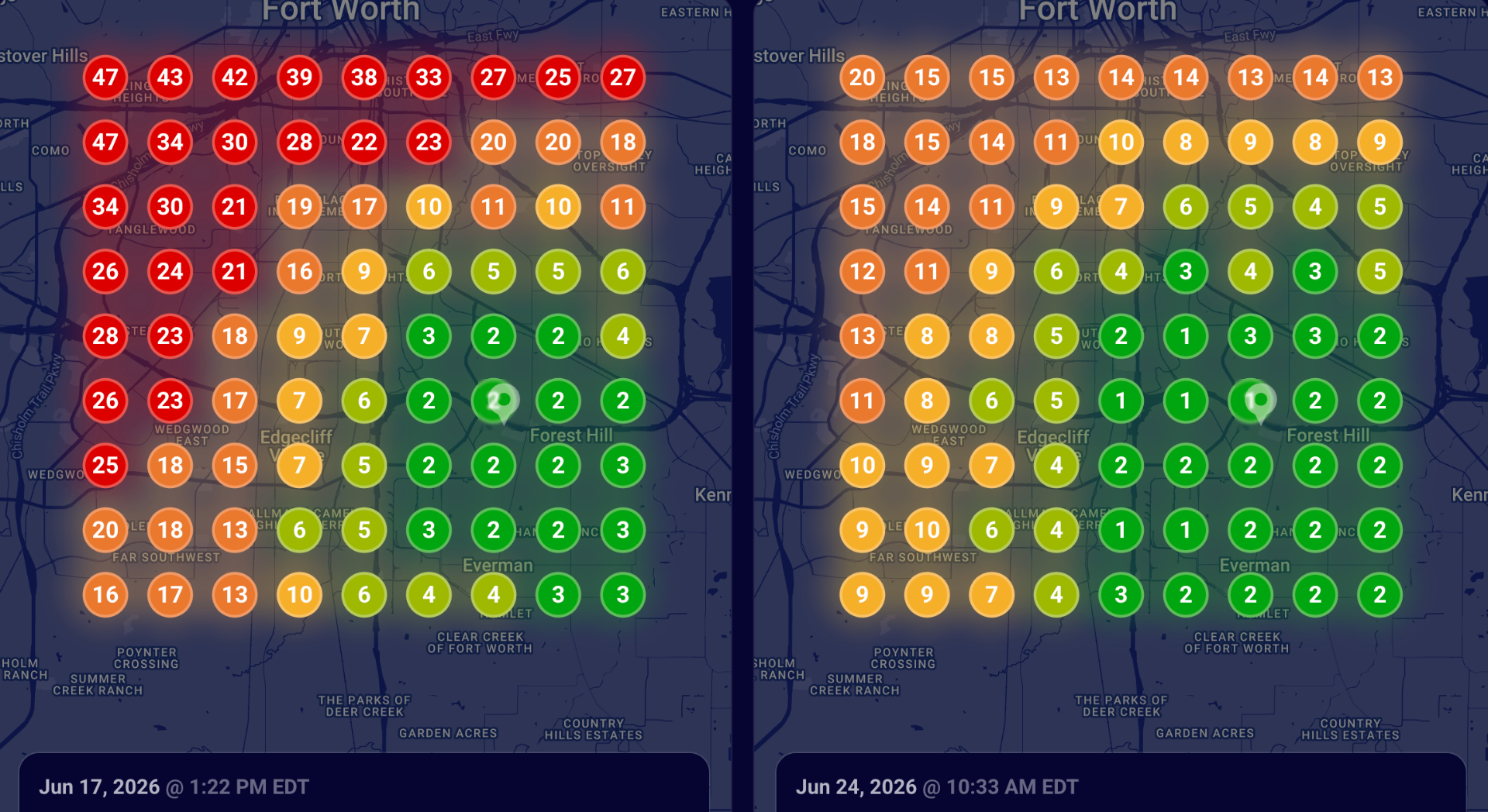 Before and after heat map for a Fort Worth air conditioning repair client showing significant map pack improvement.