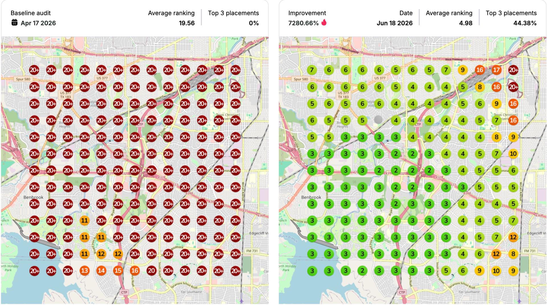 Before and after heat map showing improved Google Business Profile visibility for a Fort Worth local service client.
